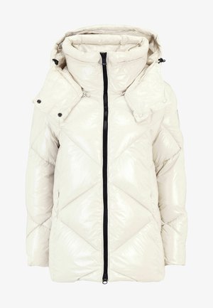 Pufferjack met een lichtbeige kleur en glanzende afwerking. Voorzien van ruitvormige stiksels, een afneembare capuchon en een volledige zwarte rits.