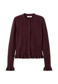 Cárdigan de punto burdeos con cuello redondo, cierre de botones y dobladillo y puños de manga con volantes. Textura suave y mangas largas.
