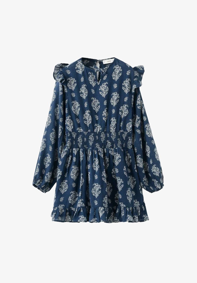 Vestito blu a maniche lunghe con motivi floreali bianchi, vita elasticizzata, dettagli con volant sulle spalle e orlo a volant.