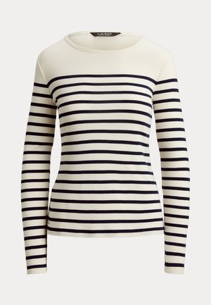 Hvit langermet topp med marineblå horisontale striper, rund halslinning og tettsittende design. Myk stoff med en jevn tekstur.