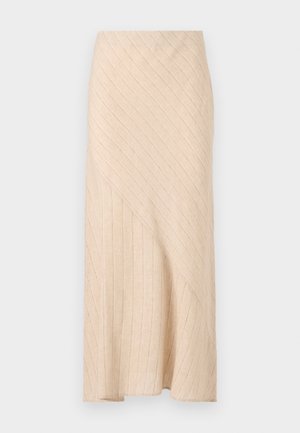 Fustă midi bej cu textură diagonală în dungi, având un tiv asimetric și un material țesut moale. Suprafață netedă, design ușor.