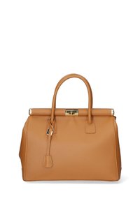Tan läderhandväska med en strukturerad silhuett. Utrustad med rundade handtag, en spänneförslutning och ett avtagbart rem. Guld-accenter ingår.