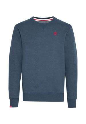 Blue fleece sweatshirt with a v-neck design, featuring a small red logo on the chest and striped accents at the collar. Textured fabric.