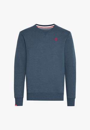 Sweatshirt en polaire bleu avec un design en V, comportant un petit logo rouge sur la poitrine et des accents rayés au col. Tissu texturé.