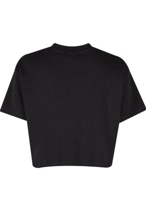Schwarzes, verkürztes T-Shirt aus weichem Baumwollstoff. Es hat einen runden Halsausschnitt und kurze Ärmel, mit einer lässigen Passform und glatter Textur.