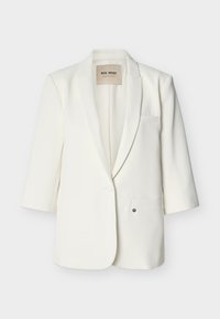 Λευκό σακάκι προσαρμοσμένης γραμμής με όρθιο γιακά, κλείσιμο με ένα κουμπί, δύο μπροστινές τσέπες και μανίκια τριών τετάρτων.