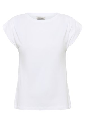 Tricou alb din bumbac moale, cu decolteu rotund și mâneci scurte plisate. Croiala este dreaptă și ușor lejeră.