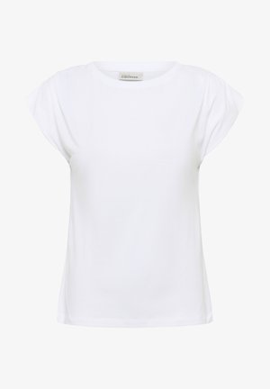 Tricou alb din bumbac moale, cu decolteu rotund și mâneci scurte plisate. Croiala este dreaptă și ușor lejeră.