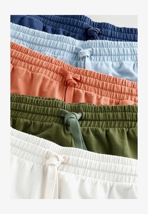 Viisi paria elastisella vyötärönauhalla varustettuja shortseja eri väreissä: laivastonsininen, vaaleansininen, koralli, oliivinvihreä ja valkoinen, sopivilla naruilla.