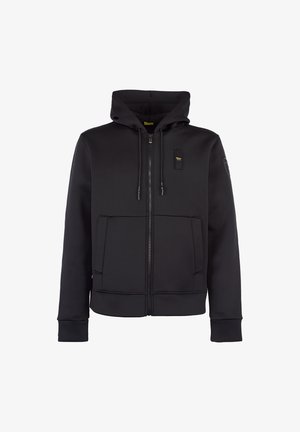 Haut de sweatshirt noir zippé en tissu lisse, doté d'une capuche, de poches avant, de cordons de serrage et d'un petit patch logo sur la poitrine.