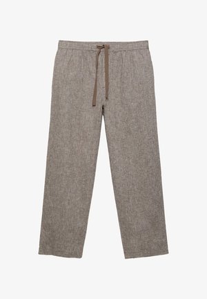 Svijetlosmeđe lanene hlače ravnog kroja s elastičnim strukom i smeđim vezicama, položene ravno na bijeloj pozadini.