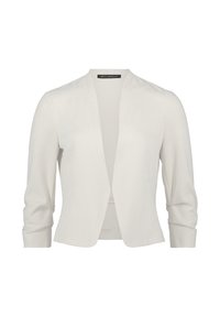 Biała, lekka marynarka o otwartym kroju i rękawach do trzech kwart, z gładką fakturą i minimalnymi detalami przeszycia.