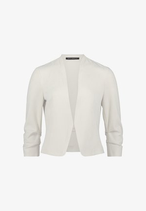 Witte, lichte blazer met een open voorkant en driekwart mouwen, met een soepele textuur en minimale stikseldetails.