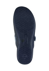 Navy blue shoe sole with a textured rubber surface. Features a rounded shape and central branding detail. Standard tread pattern for grip.