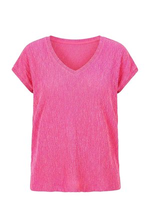 Lyserød kortærmet bluse med tekstureret stof og V-udskæring, vist fladt på en hvid baggrund.