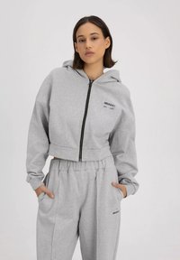 Grijze cropped hoodie met een voorste rits en logo, gecombineerd met bijpassende grijze joggingbroek met een elastische tailleband en zijzakken.