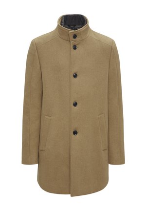Brauner Wollmischmantel mit hohem Kragen, vorderer Knopfverschluss und zwei seitlichen Taschen. Hat eine glatte Textur und einen lockeren Schnitt.