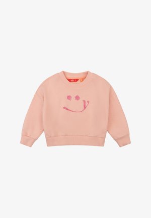 Roze katoenen sweatshirt met een smiley gezicht in donkerder roze, geribbelde manchetten en een ronde halslijn. Zachte textuur, cropped ontwerp.
