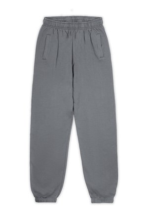 Graue Jogginghose mit einem elastischen Bund, zwei Seitentaschen und Bündchen an den Knöcheln. Der Stoff wirkt weich und strapazierfähig mit einer glatten Oberfläche.