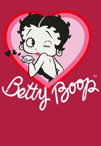 Kreslená postava Betty Boop s černými vlasy, mrkající, v černých šatech, obklopená růžovým srdcem na červeném pozadí. Text "Betty Boop" pod obrázkem.