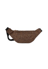 Leopardprint heuptas met een gebogen vorm, gemaakt van stof, voorzien van een ritssluiting en een verstelbare zwarte band.