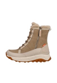 Botín de tobillo beige hecho de ante y cuero, con un cuello de pelo sintético, cremallera lateral y frente de cordones con una suela de goma texturizada.
