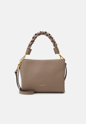 Brown textured leather handbag with a braided top handle, gold hardware, and an adjustable shoulder strap. Features subtle logo embossing.