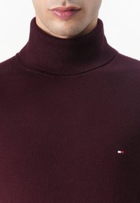 Pull en col roulé bordeaux en tricot de coton doux. Col côtelé et petit logo en détail rouge, blanc et bleu sur la poitrine.