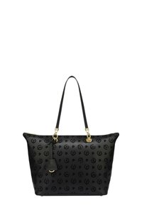 Borsa a tracolla nera realizzata in materiale testurizzato, caratterizzata da un delicato motivo logo, accenti in hardware dorato e doppie spalline. Chiusura con zip.
