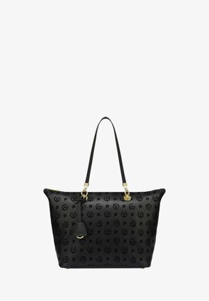 Borsa a tracolla nera realizzata in materiale testurizzato, caratterizzata da un delicato motivo logo, accenti in hardware dorato e doppie spalline. Chiusura con zip.