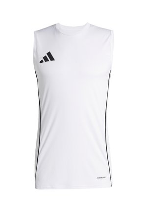 Weißes ärmelloses Sportshirt mit schwarzem Adidas-Logo auf der Brust und dünnen schwarzen Seitenstreifen, am unteren Saum mit Aeroready-Kennzeichnung.