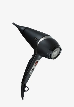 Sèche-cheveux noir portable avec embout étroit, deux interrupteurs de contrôle sur la poignée et une prise d'air circulaire à l'arrière.