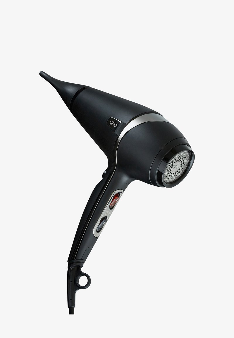 Sèche-cheveux noir portable avec embout étroit, deux interrupteurs de contrôle sur la poignée et une prise d'air circulaire à l'arrière.