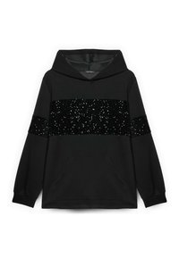 Felpa nera in pile con cappuccio, caratterizzata da una striscia di paillettes nere scintillanti sul petto e sulle maniche. Include una tasca a marsupio frontale.