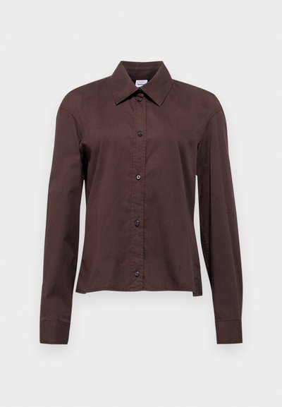 Dark brown button-up shirt with long sleeves, a pointed collar, and black buttons. Made from a smooth textile with a solid pattern.