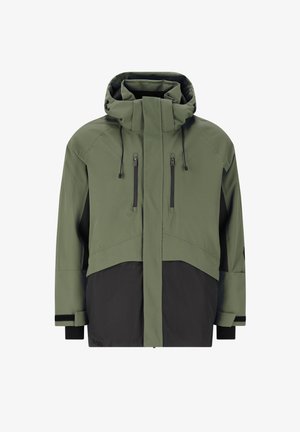 Heren geïsoleerde jas in olijfgroen met zwarte accenten, met een hoge kraag, verstelbare capuchon en twee met rits afgesloten borstzakken.