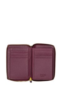 Burgundy leather wallet with zip closure, featuring five card slots, one pocket, and textured interior. Gold-tone hardware accents visible.