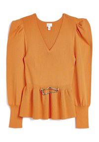 Top a coste arancione con scollatura a V, maniche a sbuffo e orlo peplum. Presenta un accento in metallo argento in vita. Tessuto testurizzato.