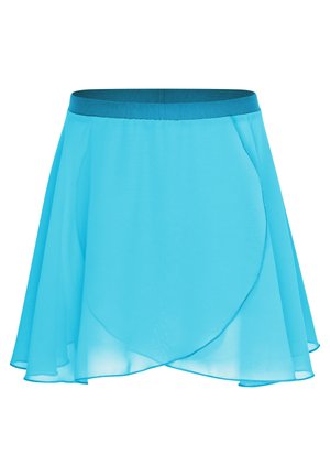 A light blue chiffon skirt with an elastic waistband, featuring a flowing design and curved hemline for a layered effect.