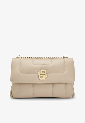 Beige leather handbag with a quilted design, gold chain strap, and a prominent gold logo on the front. Features a flap closure.