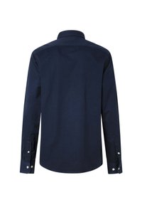 Marineblaue Langarmshirt aus Baumwolle, mit klassischem Kragen und geknöpften Manschetten, in einer glatten, einfarbigen Textur.