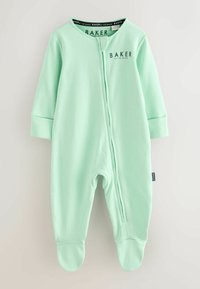 Gaiši piparmētru zaļš viengabala apģērbs, kas izgatavots no mīksta auduma, ar priekšējo rāvējslēdzēju, garām piedurknēm un ar kājām, ar zīmola nosaukumu pie kakla.