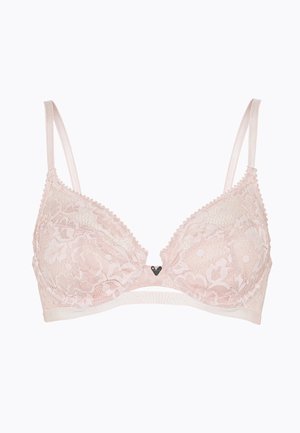 Reggiseno in pizzo rosa pallido con un motivo floreale, dotato di spalline regolabili, bordo ondulato e una fascia inferiore liscia con un accento centrale.