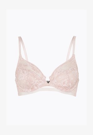 Reggiseno in pizzo rosa pallido con un motivo floreale, dotato di spalline regolabili, bordo ondulato e una fascia inferiore liscia con un accento centrale.