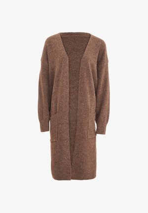 Brauner Strickcardigan mit langen, weiten Ärmeln und tiefem V-Ausschnitt. Verfügt über zwei Taschen vorne und eine weiche Textur, offenes Design.