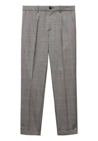 Pantalons à carreaux gris en tissu léger, avec une coupe droite, un devant plat et une taille avec fermeture à bouton et passants de ceinture.