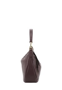 Leren handtas in donkerburgundy met een gestructureerde afwerking, een enkele handgreep bovenaan en gouden hardware-accenten. Hoofdvak met rits.