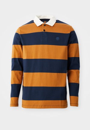 Polo a maniche lunghe con righe orizzontali arancioni e blu navy, colletto color crema, patta con bottoni e dettagli del logo sul petto.