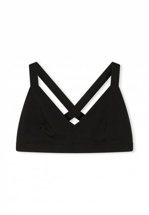 Zwarte bralette met een V-halsontwerp, brede schouderbanden die op de rug kruisen, naadloze textuur en zonder beugels voor optimaal comfort.