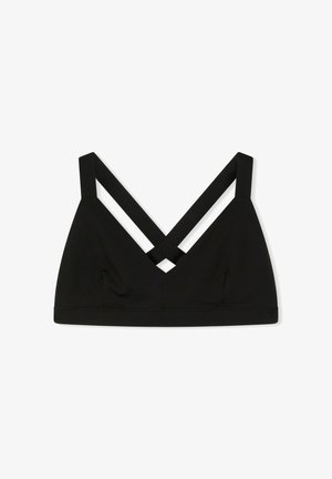 Czarny stanik braletka z dekoltem w kształcie litery V, szerokimi ramiączkami krzyżującymi się na plecach, bezszwową fakturą i brakiem fiszbin dla wygody.